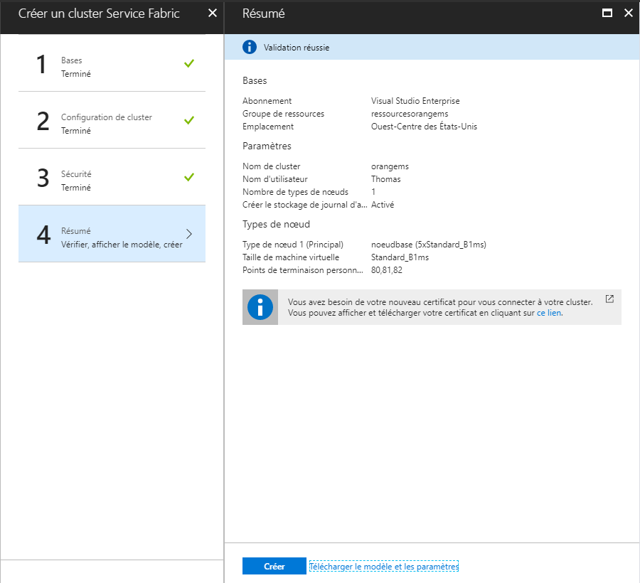 8 1 - Création d'un cluster Azure Service Fabric (Portal mode)